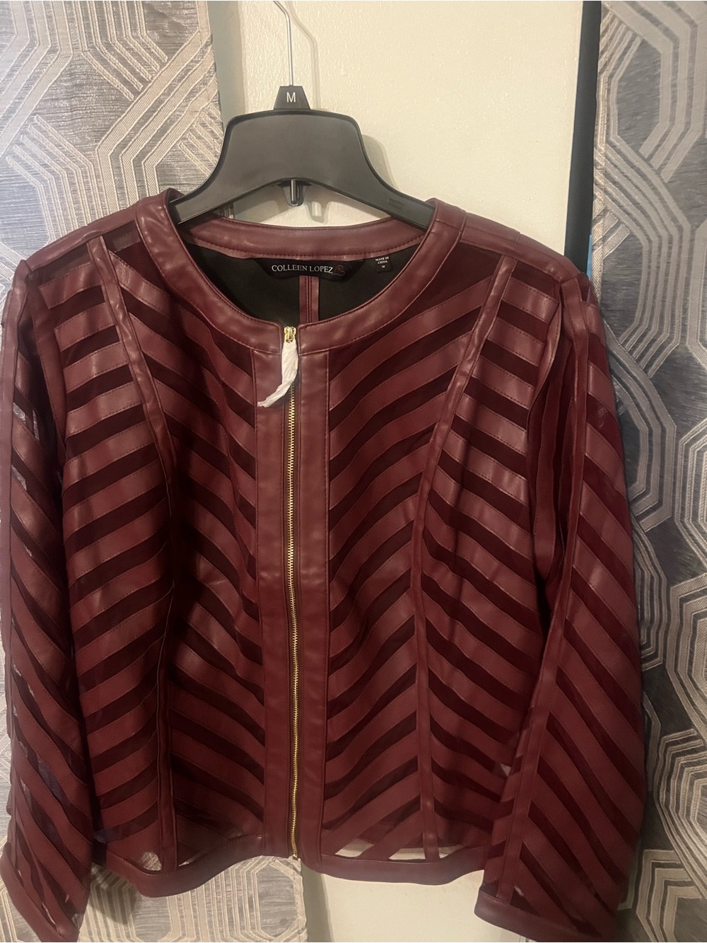 Colleen Lopez Wine Sheer-Striped Zip Bomber Jacket